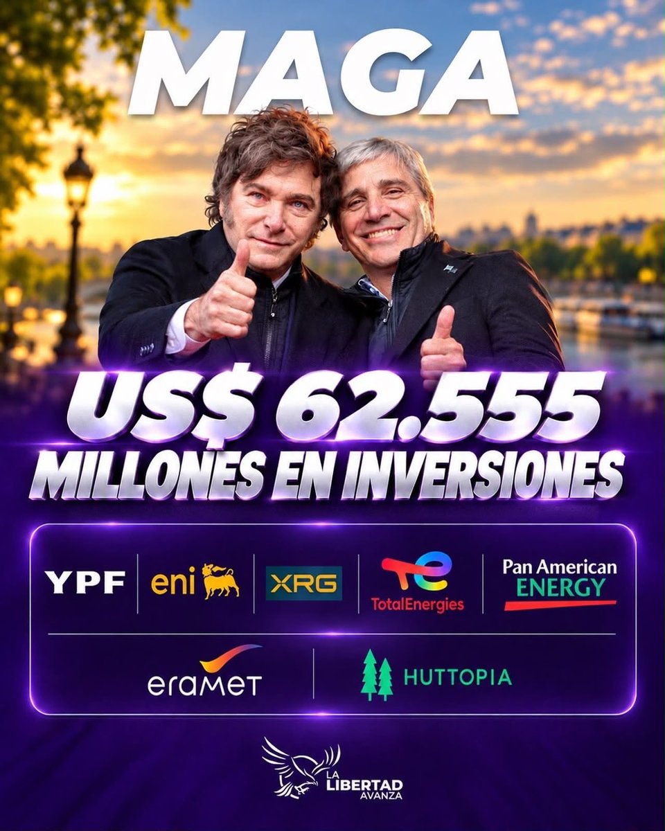 CerviPablo's tweet photo. 🇦🇷 ARGENTINA ATRAE AL MUNDO

US$ 62.555 millones en inversiones de grandes compañías internacionales en sectores estratégicos como energía, minería y turismo.

Más producción, infraestructura, empleo privado y exportaciones para impulsar una nueva etapa de crecimiento.

Con el liderazgo del presidente Javier Milei, la Argentina avanza hacia una economía abierta a las inversiones y conectada con el mundo.

El desafío es transformar cada dólar que llega en crecimiento y trabajo para los argentinos.
