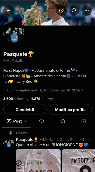 A Twitter/X profile page for Pasquale (@McPako8) showing 3,606 following and 4,879 followers, with bio in Italian mentioning Forza Napoli, tennis, cinema, HIMYM, and Larry Bird.