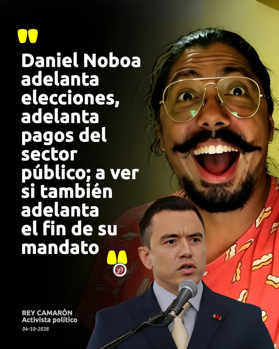 RadioDinamicaE's tweet photo. #ECUADOR || 🚨🇪🇨🔥 Rey Camarón con ironía: "Noboa adelanta todo, a ver si también adelanta el fin de su mandato"
 
Detalles
https://t.co/yVPt1s0TdR https://t.co/rrFwLKELNF