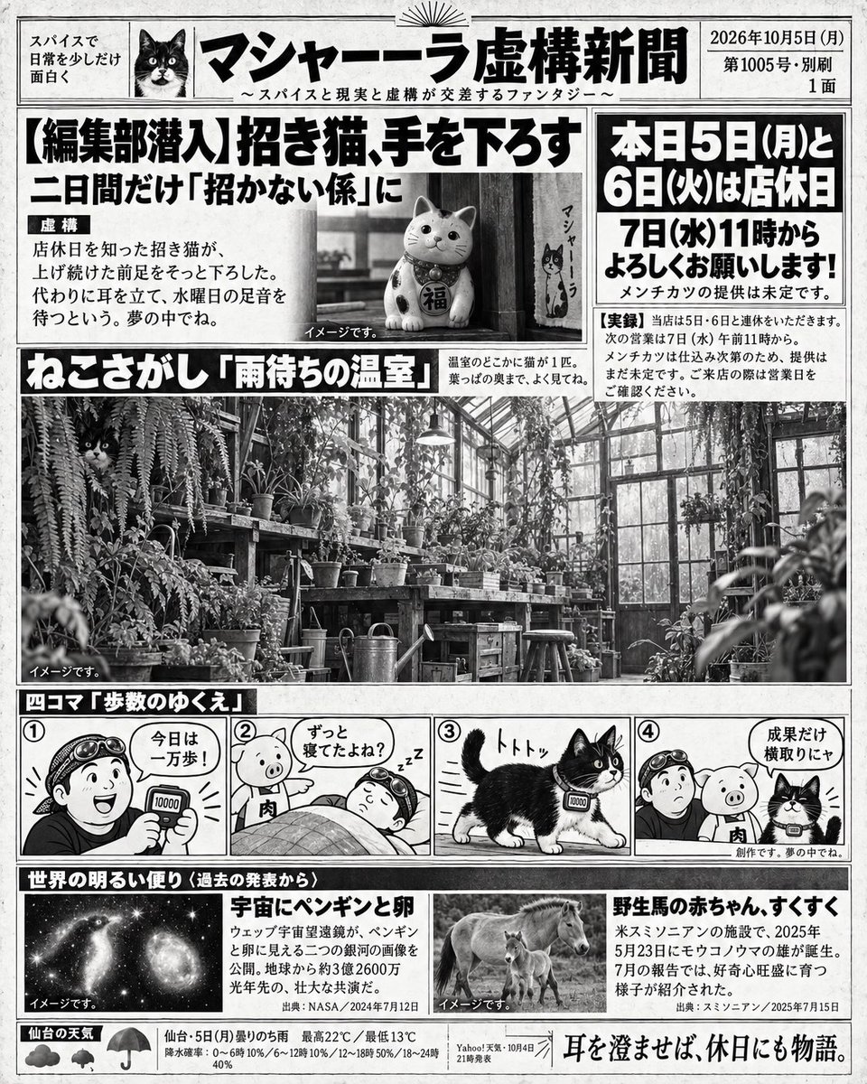 currymasara's tweet photo. 10/5（月）
ドーモ、豚くんです！
本日10/5(月)と明日10/6(火)は店休日となります。
招き猫も手を下ろして「招かない係」としてお休み中🐾  
次回営業は 10/7(水) 11:00〜 です！
（※7日のメンチカツ提供は仕込み次第で未定となります） https://t.co/phgYWvHXMY