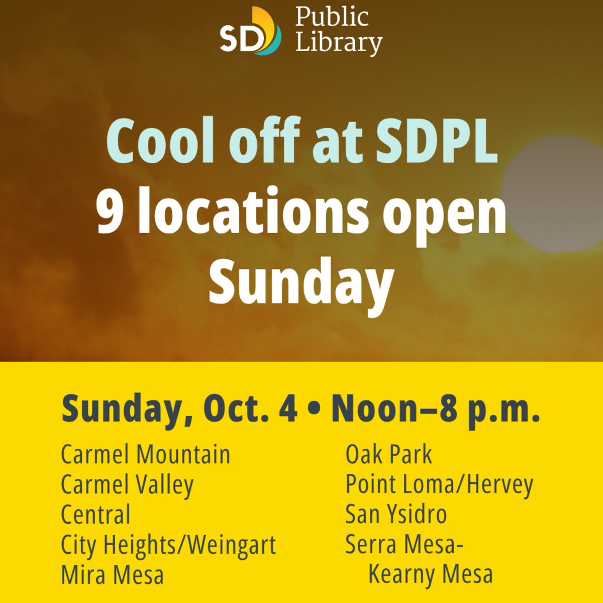 SDPublicLibrary's tweet photo. 📢 Reminder:
Select @CityofSanDiego libraries and rec centers are cooling centers. Get relief from the heat at a cooling center until 8 p.m. ❄️ https://t.co/ijBFE2NVTC https://t.co/NiswO9NJCH