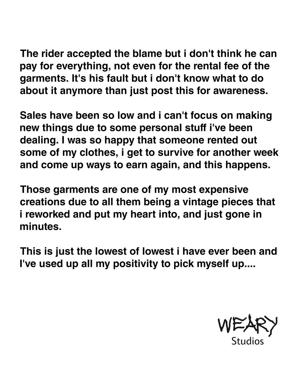 wearystudios's tweet photo. #lalamove rider lost 30k+ worth of my clothes

Now I'm selling all my remaining stocks to compensate with the rental fee and to survive the coming weeks...
https://t.co/XlZa5CX8GI

🔴 Please let me know if anyone see those lost garments being sold on other platforms, thank you! https://t.co/EyVr9Su1sZ