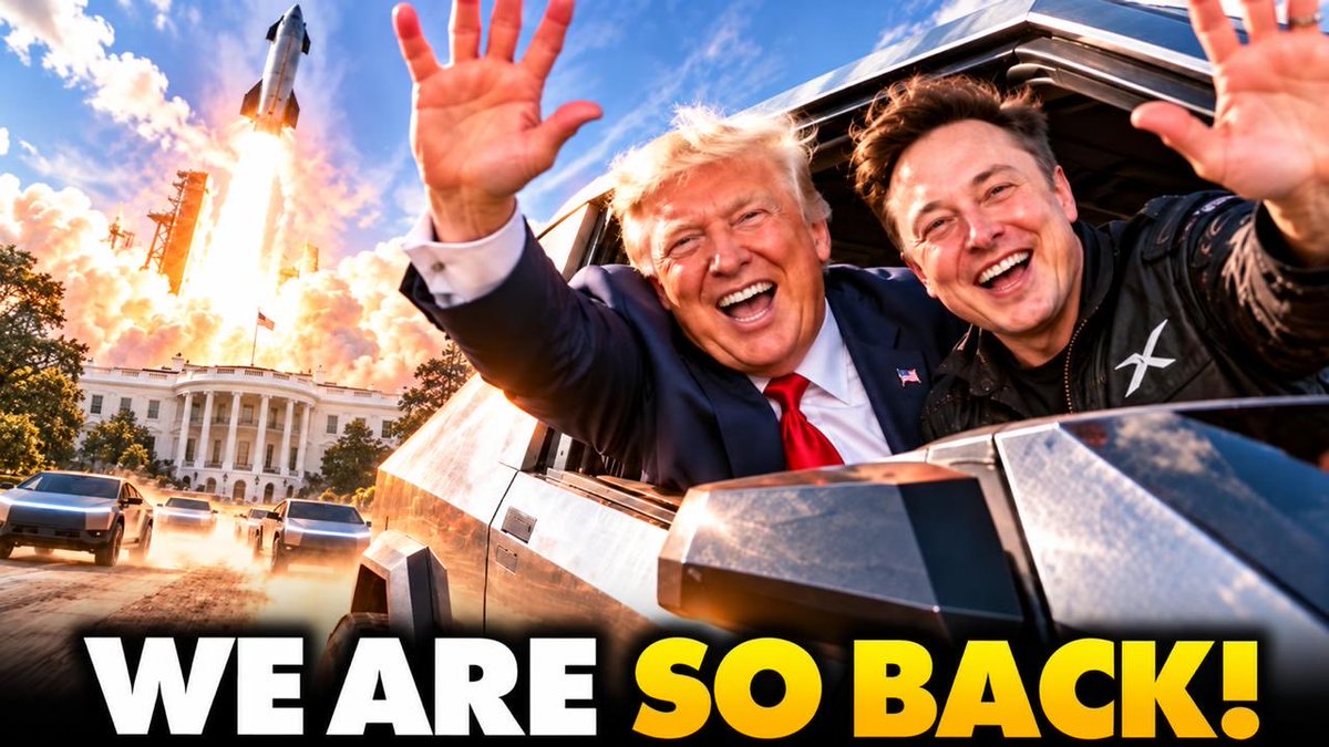 The image is a YouTube thumbnail showing a smiling Donald Trump and Elon Musk waving from a futuristic vehicle, with a SpaceX rocket launching near the White House in the background and the bold text "WE ARE SO BACK!" at the bottom.

The thumbnail's triumphant "we are so back" messaging and imagery of Musk alongside Trump suggests optimism about the duo's renewed alliance influencing tech/AI policy, though the post tempers this by warning that such influence could end up serving corporate interests like BlackRock, Vanguard, or Peter Thiel rather than the public good.