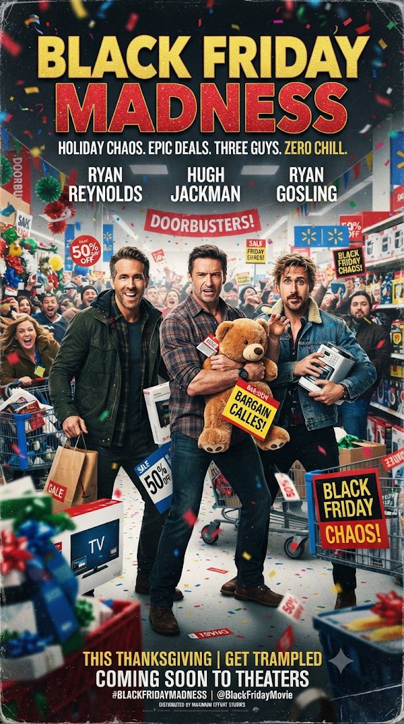 movierulez150's tweet photo. #Ai #AiArt #Concept #Poster #BlackFridayMadness #RyanReynolds #HughJackman #RyanGosling #BlackFriday #Madness #Shopping #Chaos #Savings #Walmart #Holiday #Deals #ZeroChills https://t.co/BNPQnHKgGL
