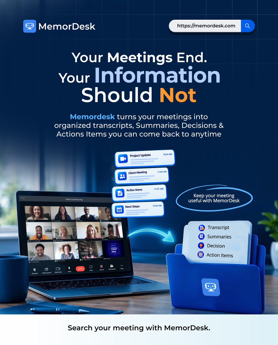 memordesk's tweet photo. Meetings end. The information shouldn’t disappear.

MemorDesk keeps your transcripts, summaries, decisions & action items organized and searchable whenever you need them.

No digging through old recordings or scattered notes.

Try it free: https://t.co/X3AJrRn5Is

#MemorDesk #MeetingAI #AIProductivity #SaaS