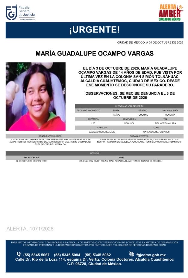 AAmberCDMX's tweet photo. Se activa #AlertaAmber para localizar a María Guadalupe Ocampo Vargas, de 14 años, vista por última vez el pasado 3 de octubre, en la colonia San Simón Tolnáhuac, alcaldía Cuauhtémoc. https://t.co/3B1rezDyeT