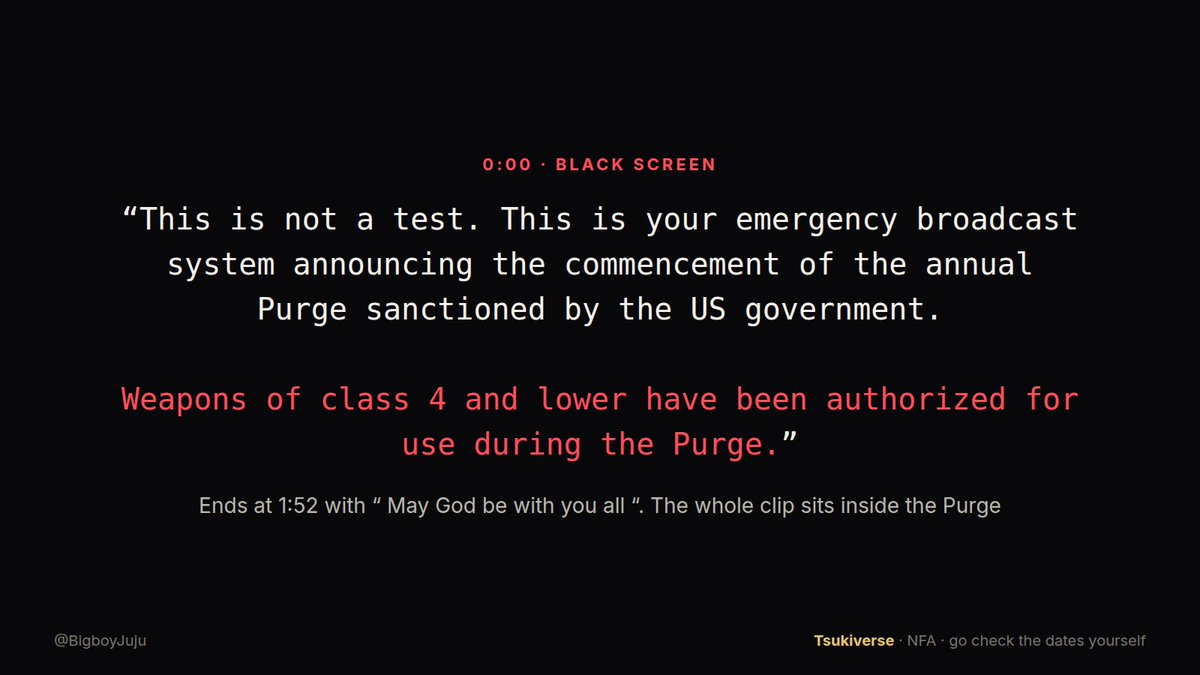 BigboyJuju's tweet photo. solana:463SK47VkB7uE7XenTHKiVcMtxRsfNE2X4Q9wByaURVA : Tokenization, the Wizard & the Reverse 

📅 4 Sep, 4:11pm ET → Tsuki breaks 16 months of silence with “ 4663 “

📅 4 Oct, 2:00pm ET → the clip drops

Exactly 30 days. That number's written into the SEC's new rules

The clip is 4 parts with a clock bell in every gap:

> 0:00 The Purge emergency broadcast
> 0:23 SEC Chair Paul Atkins on CNBC
> 1:16 Dumbledore, right before the Time-Turner
> 1:37 back to the Purge. “ May God be with you all “

cc: @tsukionsolana