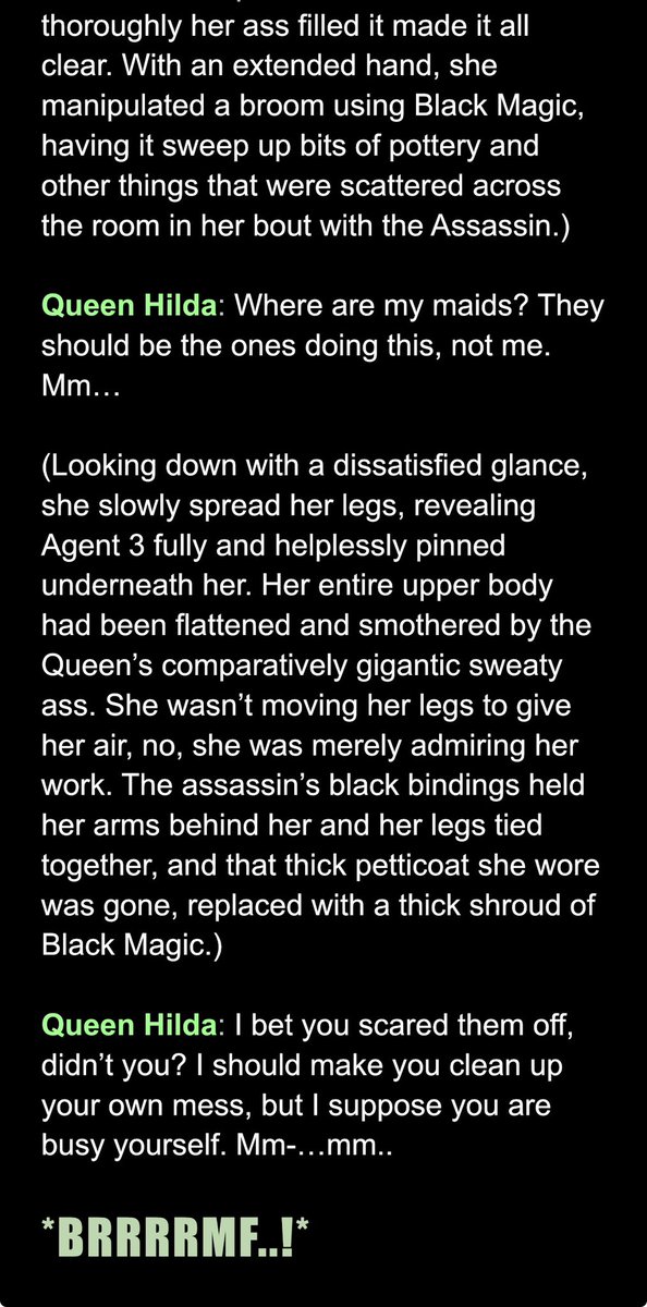 BDoublebutt's tweet photo. I’ve been itching to write a guilty pleasure piece from Queen Hilda for quite some time, and I figured I’d shake off the dust a bit by writing an extension to the story she’s most famous for. Her POV story. Please enjoy this uber-gross story. 

Bonus shart and mucky warning.

https://t.co/jN0OfdBGoH
