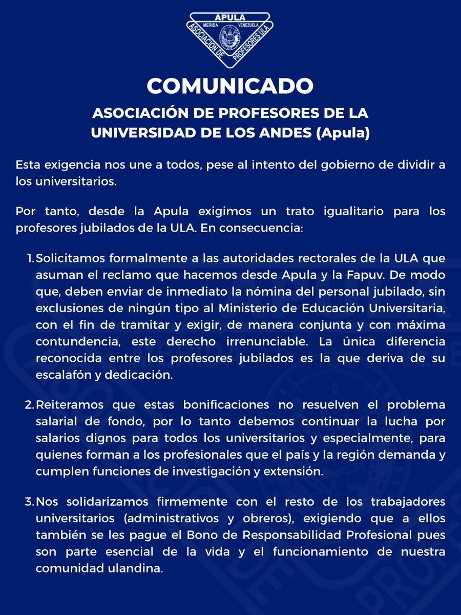 apulaippinforma's tweet photo. 📢🚨 Desde la Apula exigimos igualdad de trato para nuestros profesores jubilados, excluidos del pago del Bono de Responsabilidad Académica por el Ejecutivo Nacional. | #ULA #BonoNoEsSalario https://t.co/Uug6dfUdjY