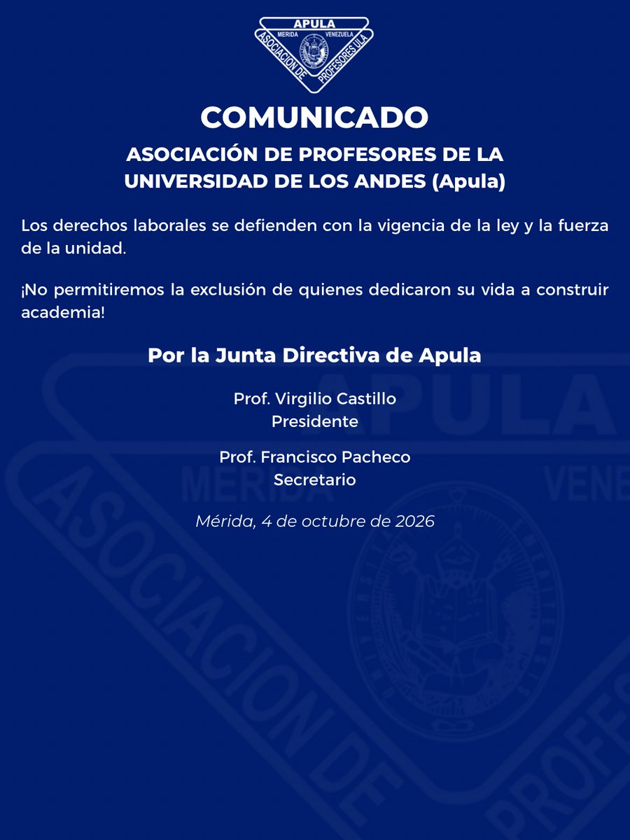 apulaippinforma's tweet photo. 📢🚨 Desde la Apula exigimos igualdad de trato para nuestros profesores jubilados, excluidos del pago del Bono de Responsabilidad Académica por el Ejecutivo Nacional. | #ULA #BonoNoEsSalario https://t.co/Uug6dfUdjY
