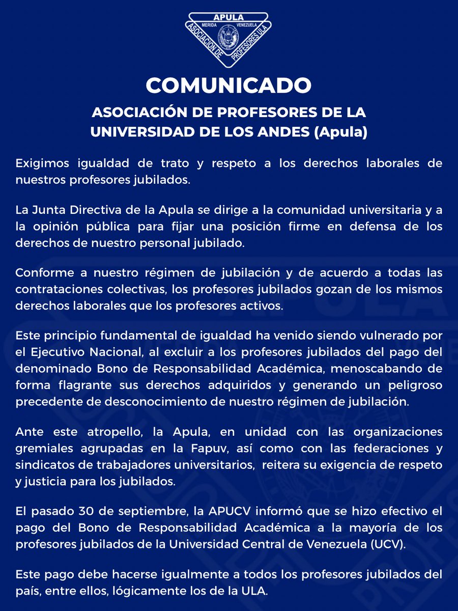 apulaippinforma's tweet photo. 📢🚨 Desde la Apula exigimos igualdad de trato para nuestros profesores jubilados, excluidos del pago del Bono de Responsabilidad Académica por el Ejecutivo Nacional. | #ULA #BonoNoEsSalario https://t.co/Uug6dfUdjY