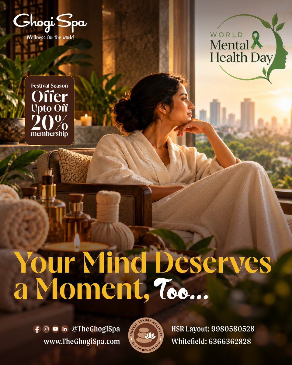 TheGhogiSpa's tweet photo. On World Mental Health Day, let's make room for a conversation that matters. 💚
Take care of yourself, Bengaluru.
📍 Whitefield: +91 63663 62828
📍 HSR Layout: +91 99805 80528
🌐 https://t.co/v7IcghKXEW
#WorldMentalHealthDay #GhogiSpa #MentalWellbeing #SelfCareMatters https://t.co/SNUD4eItdk