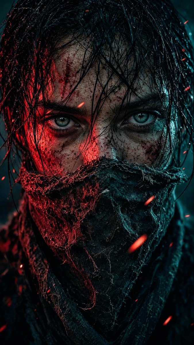 A close-up portrait of a person with piercing blue eyes, dirt-streaked face, and wet hair, wearing a dark textured scarf or mask with red and teal lighting creating a dramatic, intense atmosphere.
