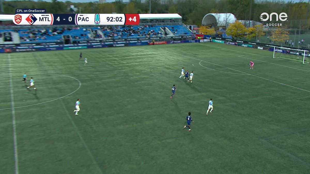A Canadian Premier League soccer match showing MTL leading PAC 4-0 in stoppage time at 92:02, broadcast on OneSoccer.