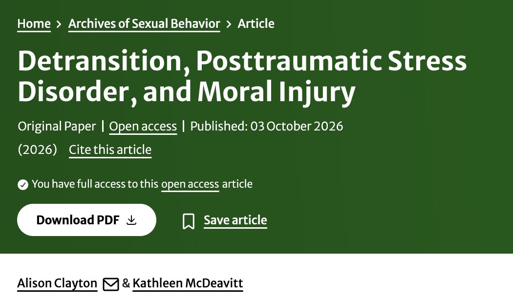 segm_ebm's tweet photo. 🚨A new peer-reviewed paper argues that some detransitioners may suffer from PTSD, with medical transition as the traumatic event. Their trauma is further compounded by moral injury—the damage from feeling betrayed by the doctors & institutions they trusted.
New Spotlight/1 ⬇️