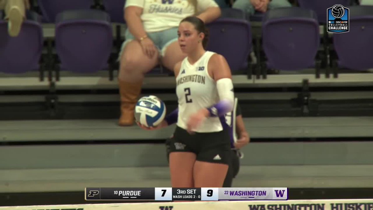 A volleyball match screenshot shows a Washington University player (#2) holding the ball, with the scoreboard reading '10 PURDUE 7' and '22 WASHINGTON 9' during the 3rd set.