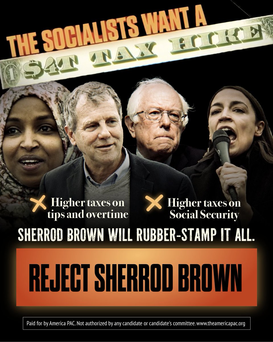 america's tweet photo. Sherrod Brown voted with Joe Biden 97% of the time. Their CRUSHING inflation cost Ohioans $12,000 a year. Now Brown and the socialists want 4 TRILLION tax hike. Make your plan to vote and DEFEAT Sherrod Brown.