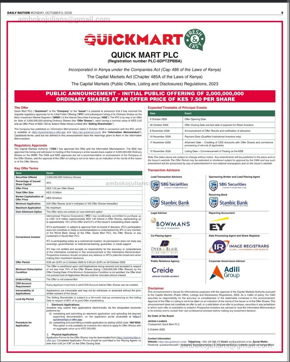 AmbokoJH's tweet photo. UPDATE: Quickmart's pricing supplement is out, it will be Kes 7.50/share for 2.0 billion ordinary shares being a 50.0% stake.

IFC has committed to be the anchor investor with a Kes 1.94 billion investment.

Offer runs from 9:00am Oct 5th to 5:00pm Oct 30th

See quoted thread for my discussion with Quickmart CEO & Adenia Partner.