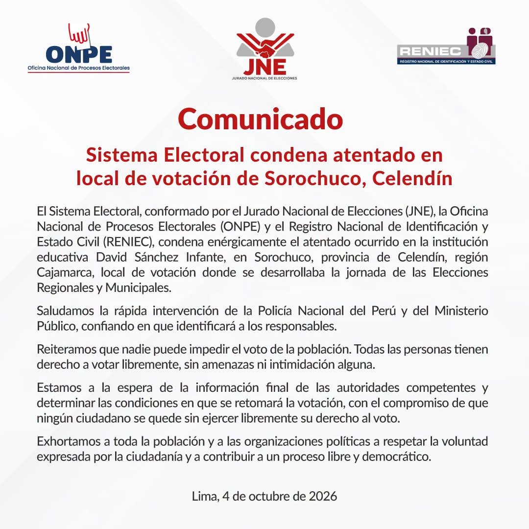 y_polemica's tweet photo. 🔵 #Nacional SISTEMA ELECTORAL CONDENA ATENTADO EN CELENDÍN 

Mediante comunicado, JNE, ONPE y RENIEC condenan un atentado a un colegio, lugar de votación, pero saludan la rápida intervención de la PNP y fiscalía, a la espera de resultados importantes.... https://t.co/baV4tQlmEs