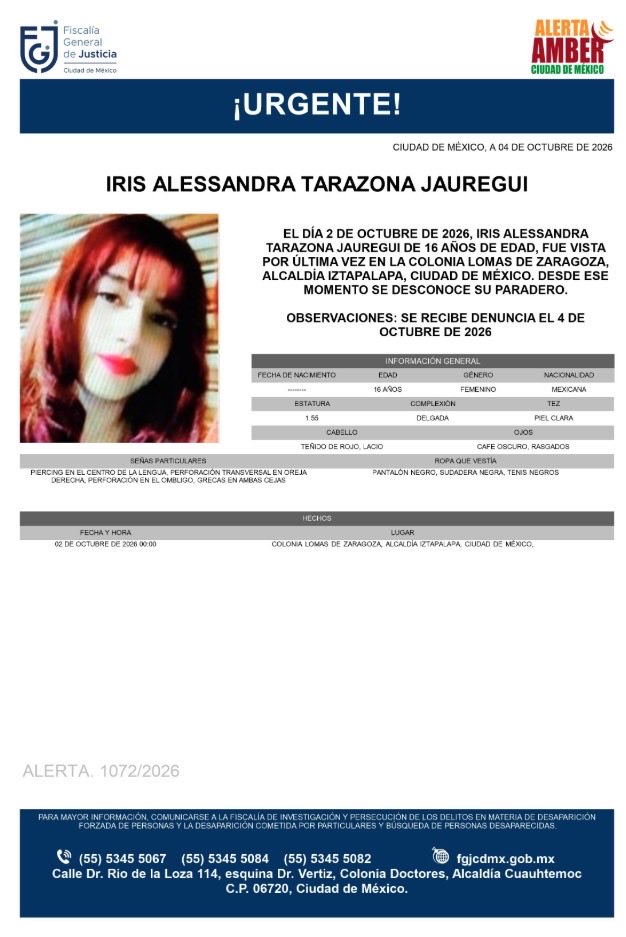 AAmberCDMX's tweet photo. Se activa #AlertaAmber para localizar a Iris Alessandra Tarazona Jauregui, de 16 años, vista por última vez el pasado 2 de octubre, en la colonia Lomas de Zaragoza, alcaldía Iztapalapa. https://t.co/NiZfsRliQM