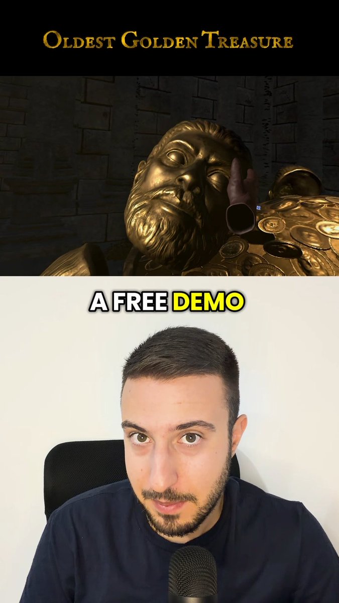 A YouTube thumbnail for a video titled 'OLDEST GOLDEN TREASURE' showing a golden statue figure above text 'A FREE DEMO', with a man speaking into a microphone below.