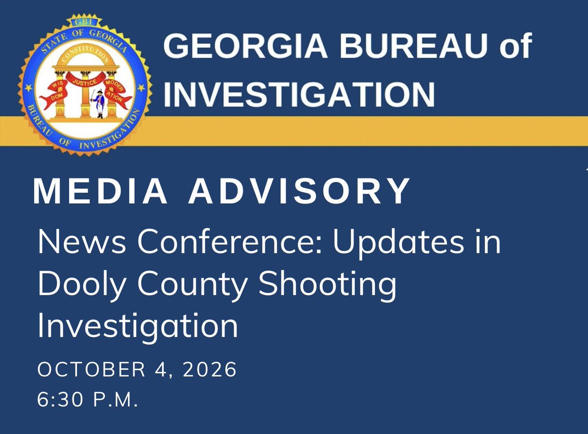 GBI_GA's tweet photo. 5 MINUTE WARNING - We will be going live on YouTube at 6:30 p.m. to provide updates in the Dooly County shooting investigation.

WATCH HERE: https://t.co/6QKvlxg6vu https://t.co/jnEmj4u6sQ