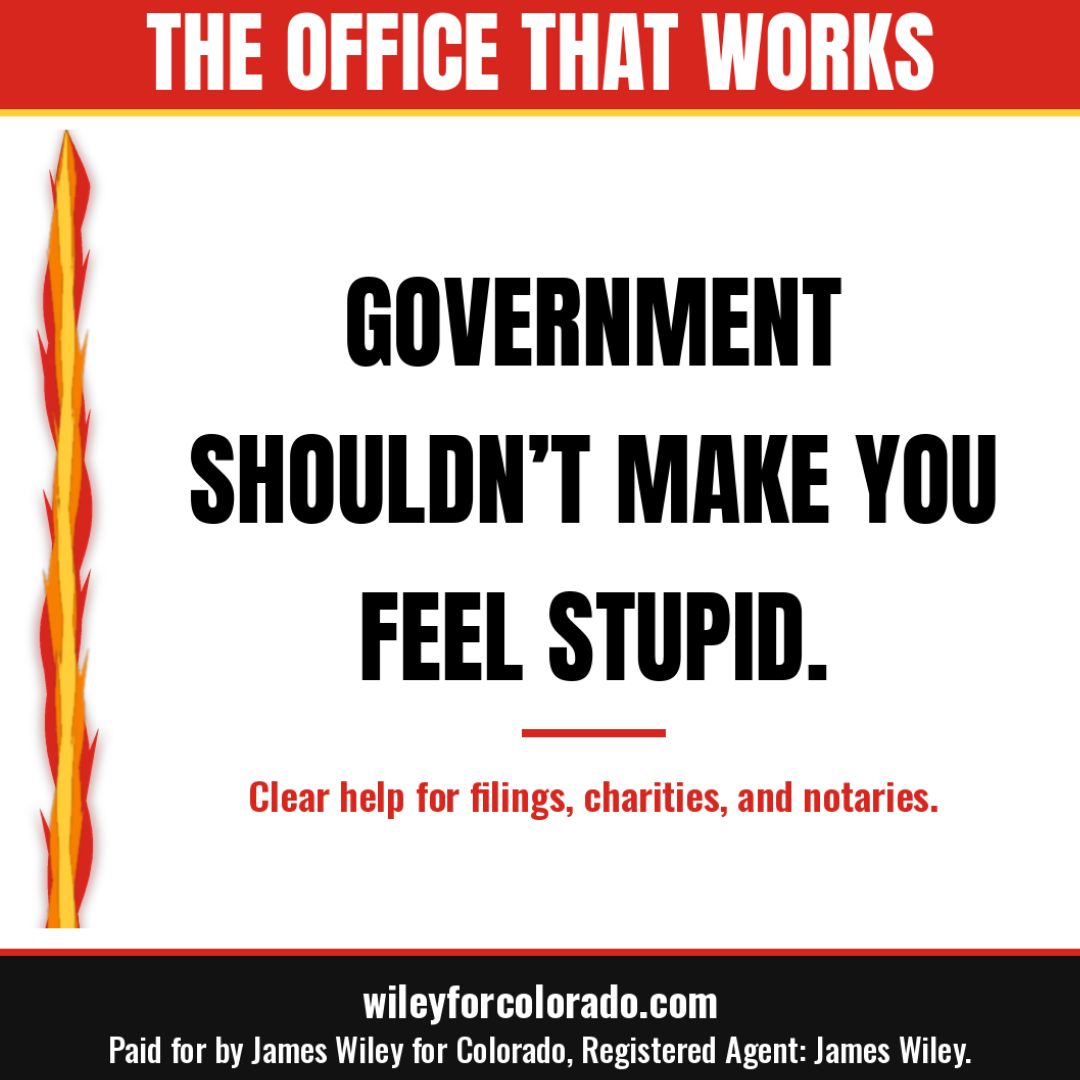 redflameliberty's tweet photo. Government shouldn't make you feel stupid. Clear answers for filings, charities, and notaries. #BoringOffice
https://t.co/oXvL4EvqOr
Paid for by James Wiley for Colorado, Registered Agent: James Wiley. https://t.co/AfoYM1Fcfq