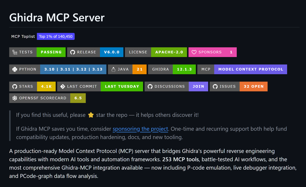 aisearchio's tweet photo. Another helpful MCP for AI agents to reverse engineer games https://t.co/6SpbIcue6v https://t.co/pJsDWC23qk