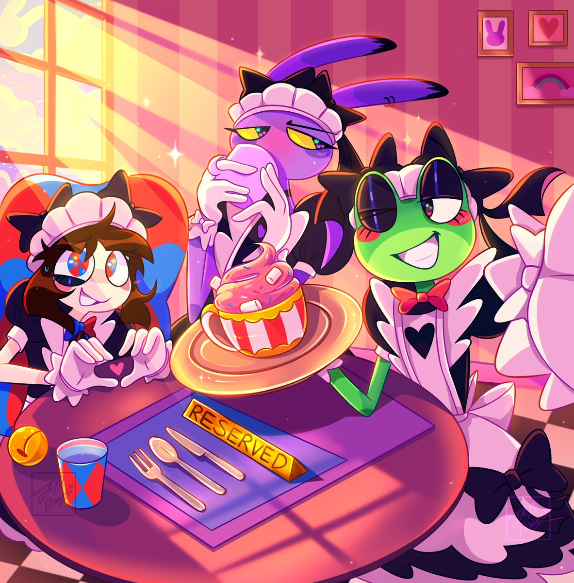 jaydendr4ws_'s tweet photo. Maid Cafe ☕️🎀 (I know im a few months late mb 😭🙏) #theamazingdigitalcircus #TADC #tadcfanart #jax #pomni #ribbit #funnybunnyfrog #maidcafe https://t.co/1TWpLNQ0aP