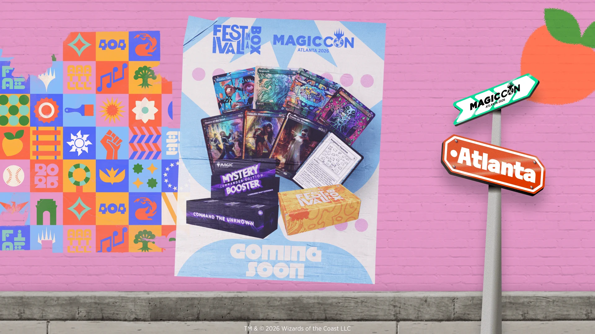 Poster showing a product shot of the Mystery Booster Commander Edition box and cards, with MagicCon Atlanta 2026 branding, a 'Coming Soon' banner, and 'MagicCon' and 'Atlanta' street signs.\u200B