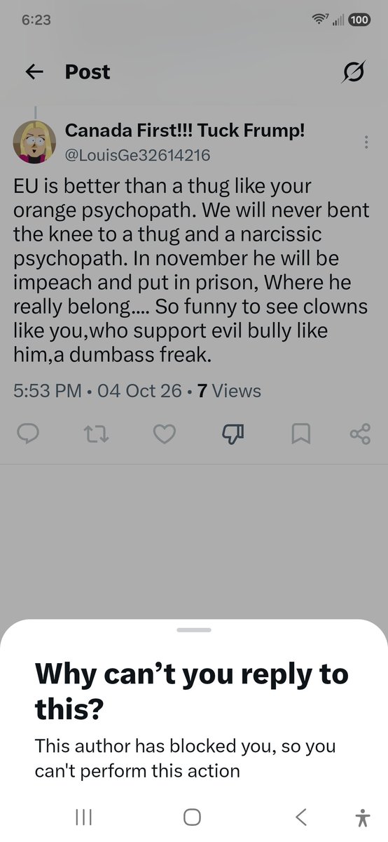 SKC379's tweet photo. @LouisGe32614216 @faiqology @Sassygal1971 Another liberal who can't handle a civil conversation only knows insults and name calling and when he runs out of insults and name calling they block me as if they won the conversation. https://t.co/w94SCEBpot