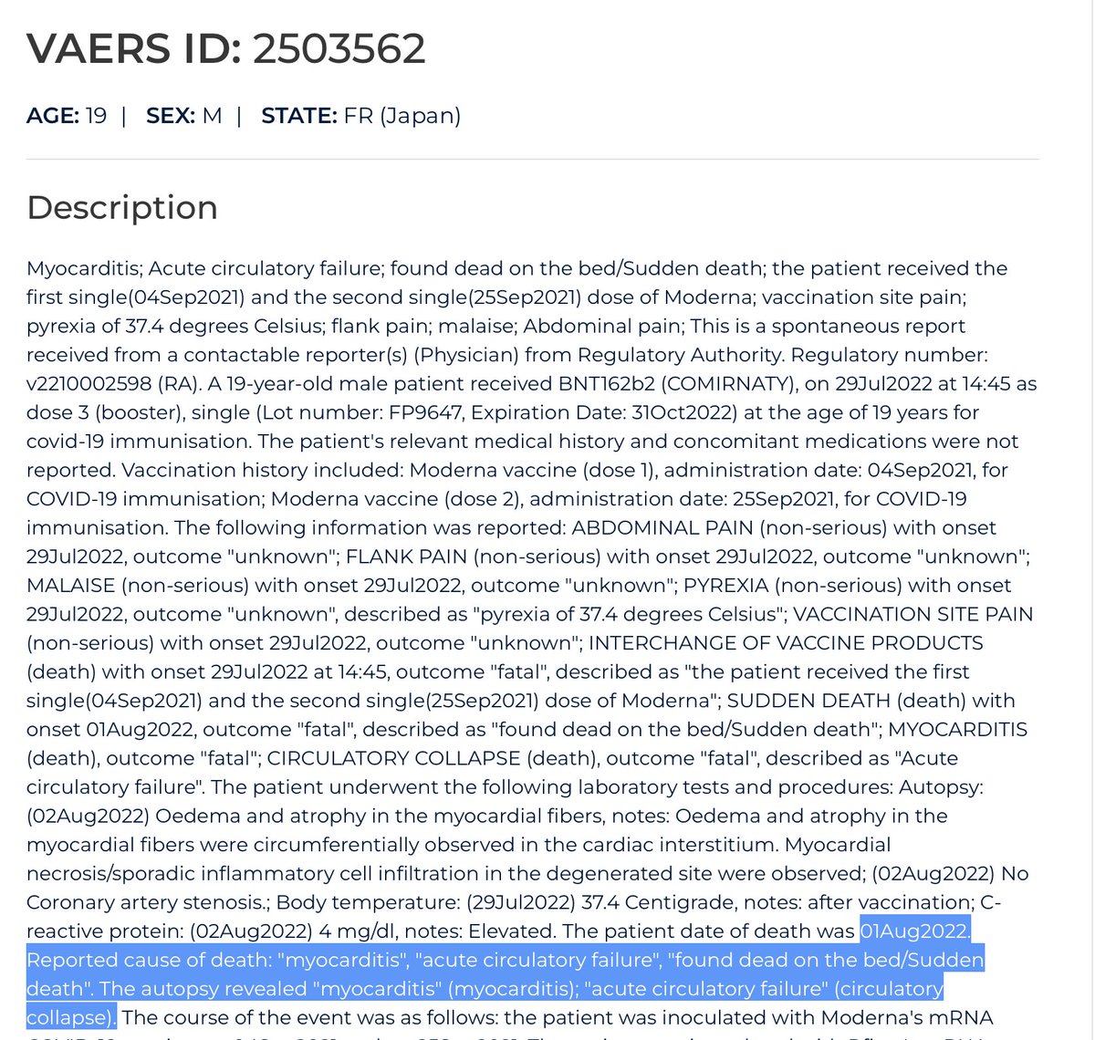MaryBowdenMD's tweet photo. 19 year old male "found dead on the bed/sudden death" two days after 3rd COVID shot from "myocarditis, acute circulatory failure."

Autopsy revealed "myocarditis" (myocarditis); "acute circulatory failure" (circulatory collapse).

@OpenVAERS https://t.co/mHtoqAoqpl