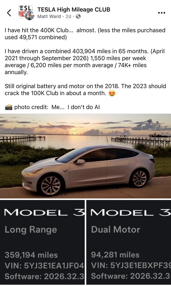 Cyber_Trailer's tweet photo. Tesla high mileage club reports a user with 359,000 miles on his 2018 model 3. 
Still on the first battery.
 
Smoke them if you got them. https://t.co/LJ8iJMUTDV