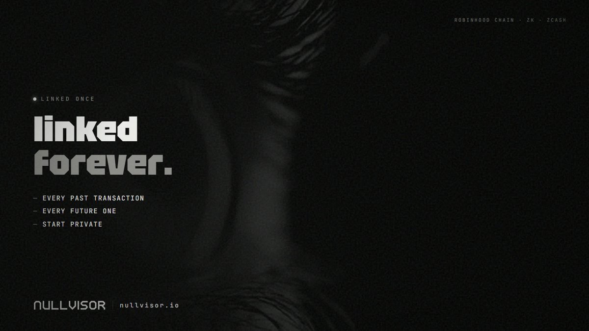 nullvisor_zk's tweet photo. once a wallet is linked to your name, every past and future transaction is linked too. privacy has to start before that happens. https://t.co/bElHsMABwH