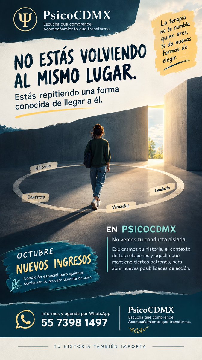 PsicoCDMX's tweet photo. Hay una diferencia entre repetir y volver.

Repetir es recorrer el mismo círculo esperando otro resultado.
Volver es entender por qué el círculo existe.
En PsicoCDMX trabajamos la segunda.

Octubre · nuevos ingresos
WhatsApp 55 7398 1497 https://t.co/JNKafGIE3R