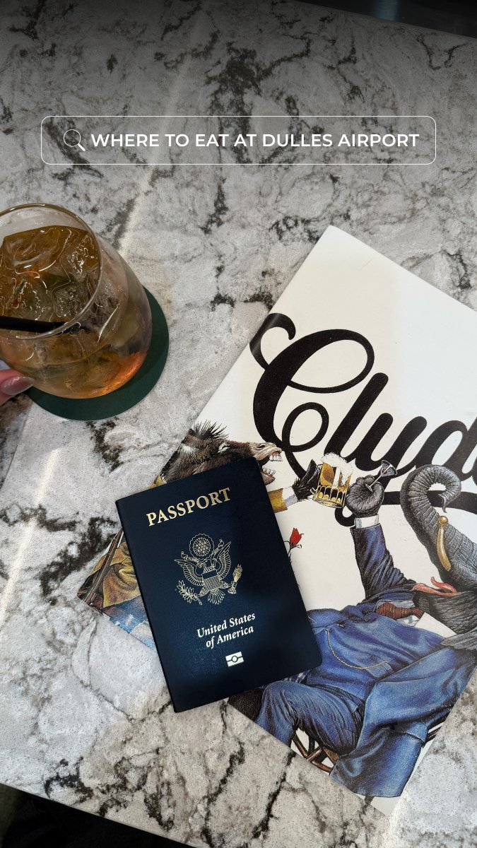 A US passport rests on a Condé Nast magazine next to an iced drink on a marble table, with a search bar overlay reading 'WHERE TO EAT AT DULLES AIRPORT'.