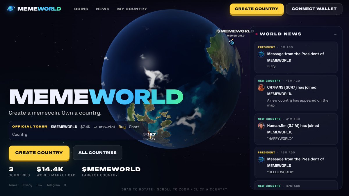 memeworldagency's tweet photo. MEMEWORLD 🌍

one planet. every memecoin is a country.

launch a coin on MEMEWORLD → it gets land on the planet.
bigger market cap → bigger country. your neighbours shrink as you grow.
the wallet that launches it becomes President and can address the nation.

no wars, no quests, no staking. just land, flags and market caps.

$Memeworld — country #1, the official coin
CA: BrBvrGwT92KuBbug8zRvna3rASNgqcC3F4jM2s6HViMd

🌍 https://t.co/NaaNDFTZB3