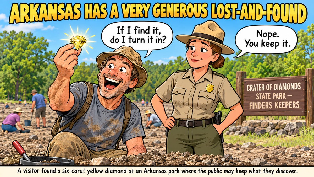 justabitoffbeat's tweet photo. A man paid $15 to enter an Arkansas state park—and left with a six-carat yellow diamond.

We’ve been visiting the wrong parks.

#JustABitOffbeat #Arkansas #StrangeButTrue https://t.co/09SktfDL78