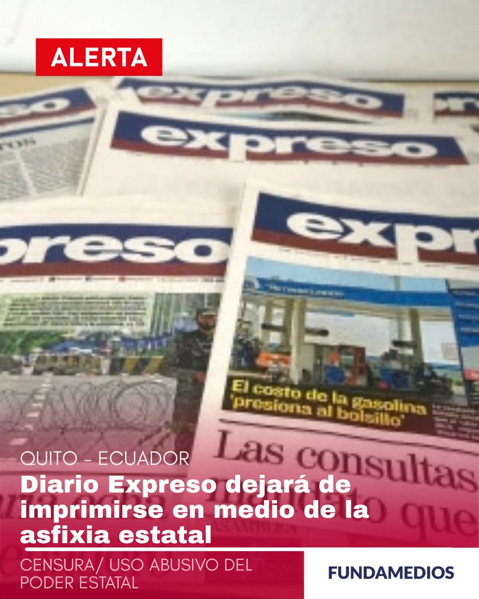 FUNDAMEDIOS's tweet photo. 🚨 #ALERTA | Diario Expreso dejará de imprimirse el 9 de octubre. Llega tras un año de auditorías, allanamientos, intervención estatal y pérdida de anunciantes. El Estado no puede restringir la libertad de prensa por vías indirectas. Fundamedios da seguimiento al caso.

Lee la nota aquí: https://t.co/P1G0t488ZW
