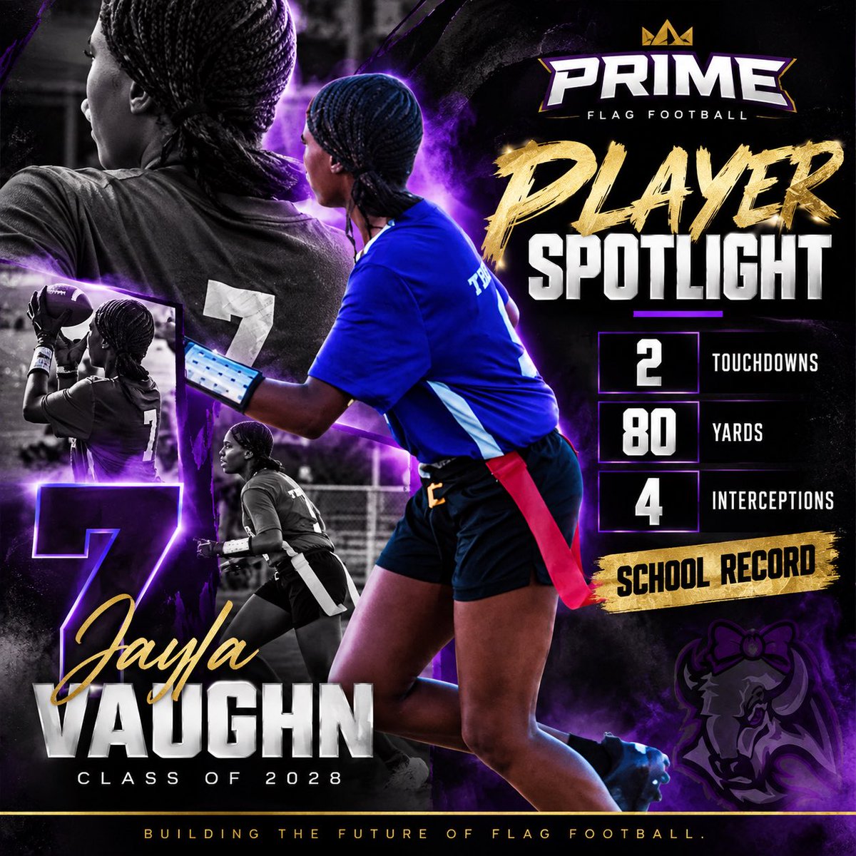 _PrimeFlag's tweet photo. 🔥 PRIME PLAYER SPOTLIGHT

Jayla Vaughn | #7 | 2028

🏈 2 TDs
⚡ 80 YDS
🔒 4 INTERCEPTIONS
🏆 SCHOOL RECORD

FOUR picks in one game. 👀

Big-time two-way performance from the Class of 2028 athlete.

#PrimeFlagFootball #GirlsFlagFootball https://t.co/mXPB8hLgMU