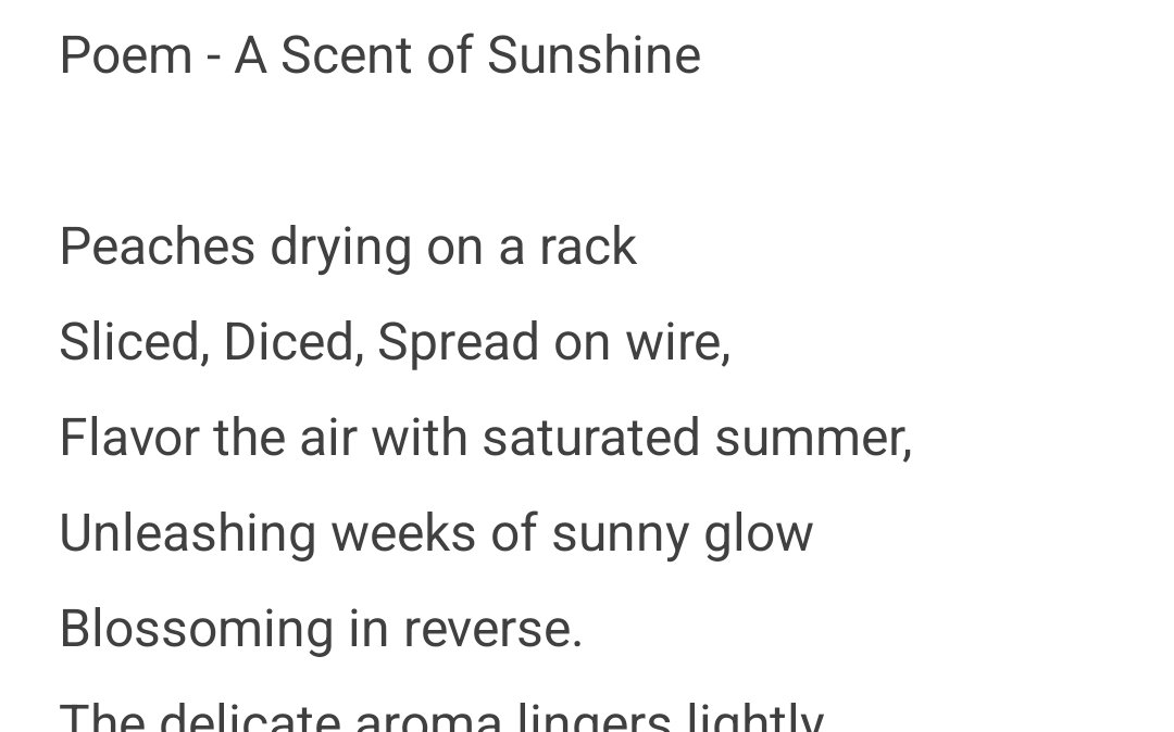 GeorgeMo's tweet photo. @grantonsoil Love this story! I'm running peaches in my dehydrator right now &amp; wrote a poem about the fragrant way the whole house smells as a result. (An excerpt below, as I'm trying to publish this, but DM me if you want to read it all). #WritingCommunity #WritersOfTwitter #AuthorsOnX https://t.co/4IgkjGFKPQ