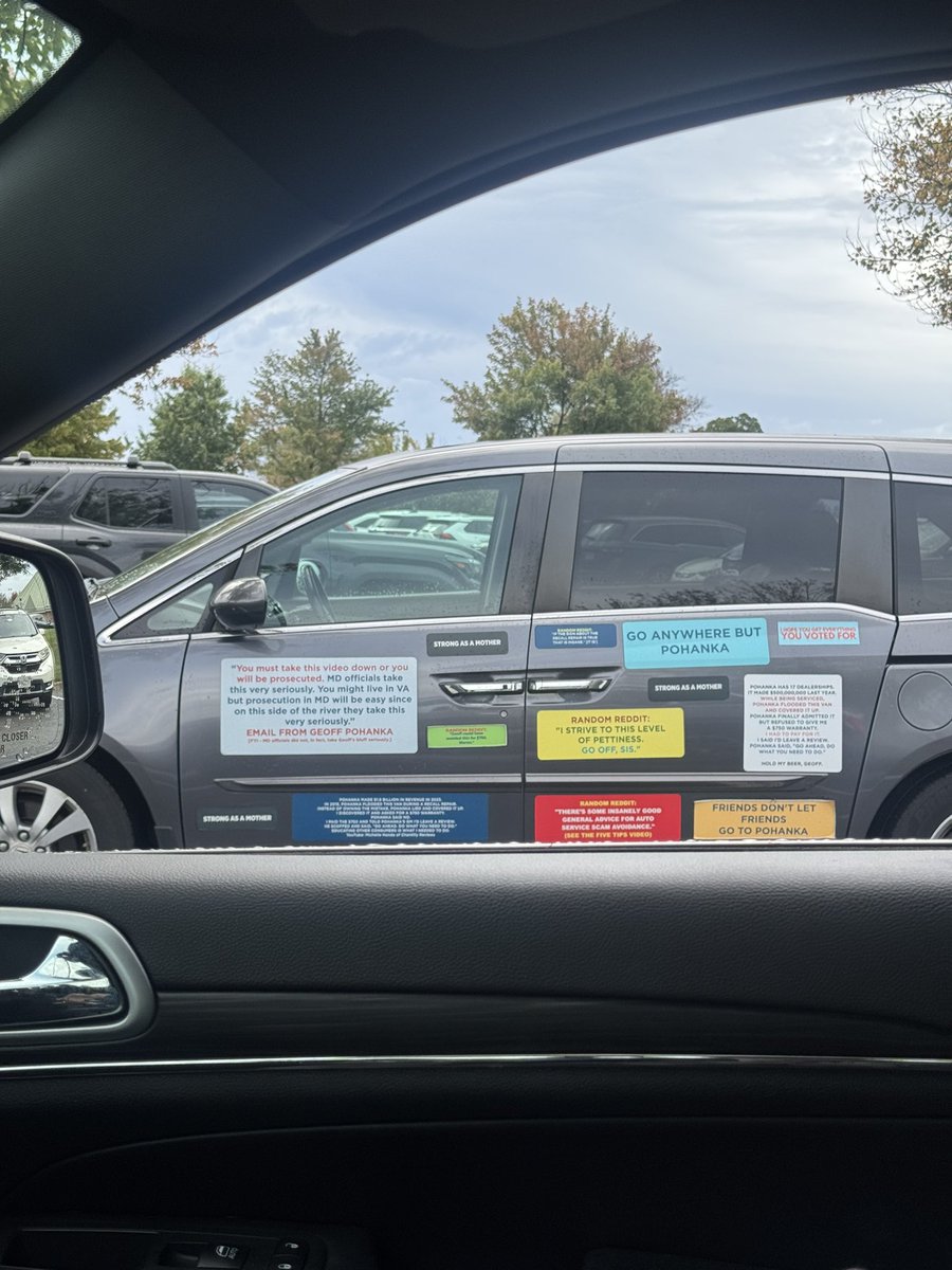 royermattw's tweet photo. Obsessed with this van in my town owned by someone who is in a feud with a local car dealer (Pohanka) for not honoring the warranty on their van so they spite covered that same van front to back in stickers with bad reviews, emails from the owner, and “Puck Fohanka.”

10/10 Hater behavior.