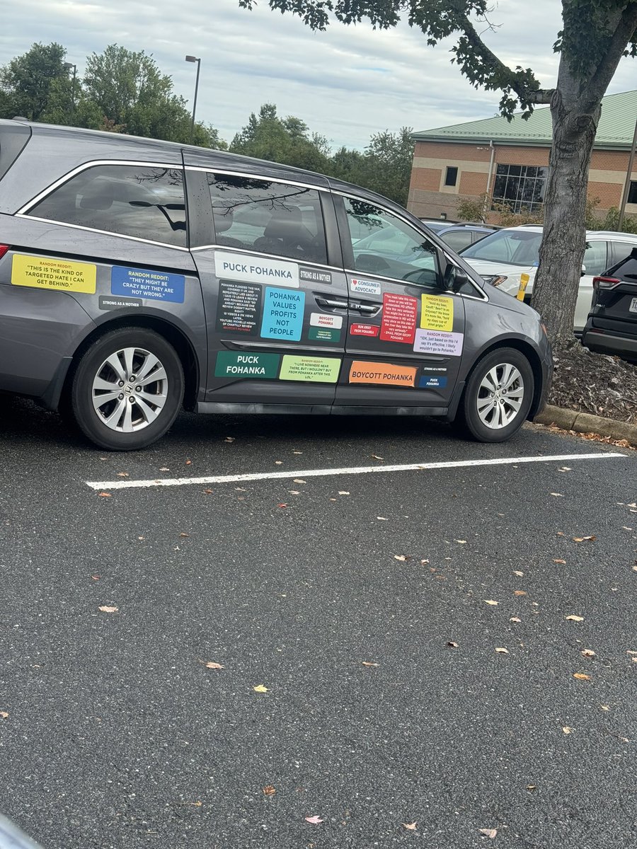 royermattw's tweet photo. Obsessed with this van in my town owned by someone who is in a feud with a local car dealer (Pohanka) for not honoring the warranty on their van so they spite covered that same van front to back in stickers with bad reviews, emails from the owner, and “Puck Fohanka.”

10/10 Hater behavior.