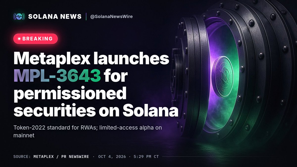SolanaNewsWire's tweet photo. JUST IN: Metaplex launches MPL-3643 — a permissioned-token standard for RWAs and tokenized securities on Solana.

Built on Token-2022 + Solana Attestation Service. Limited-access alpha on mainnet; planned wallet/DEX integrations include Jupiter, Phantom, Orca, Raydium, Solflare.

Source: Metaplex / PR Newswire