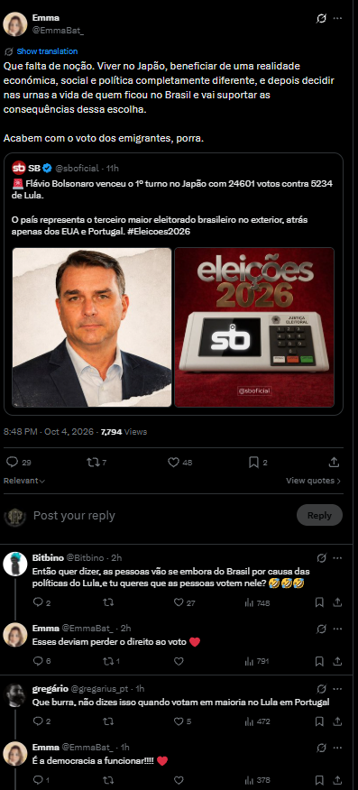 P_Incensuravel's tweet photo. A Emma literalmente acabou de criar o meme famoso da esquerda.

O Bolsonaro ganhou no Japão com uma vantagem enorme e o que ela tem para dizer é que os emigrantes brasileiros deviam ser proibidos de votar.

O Lula ganhou com os imigrantes brasileiros em Portugal, e diz que é a democracia a funcionar.

Esta gente é completamente alucinada .