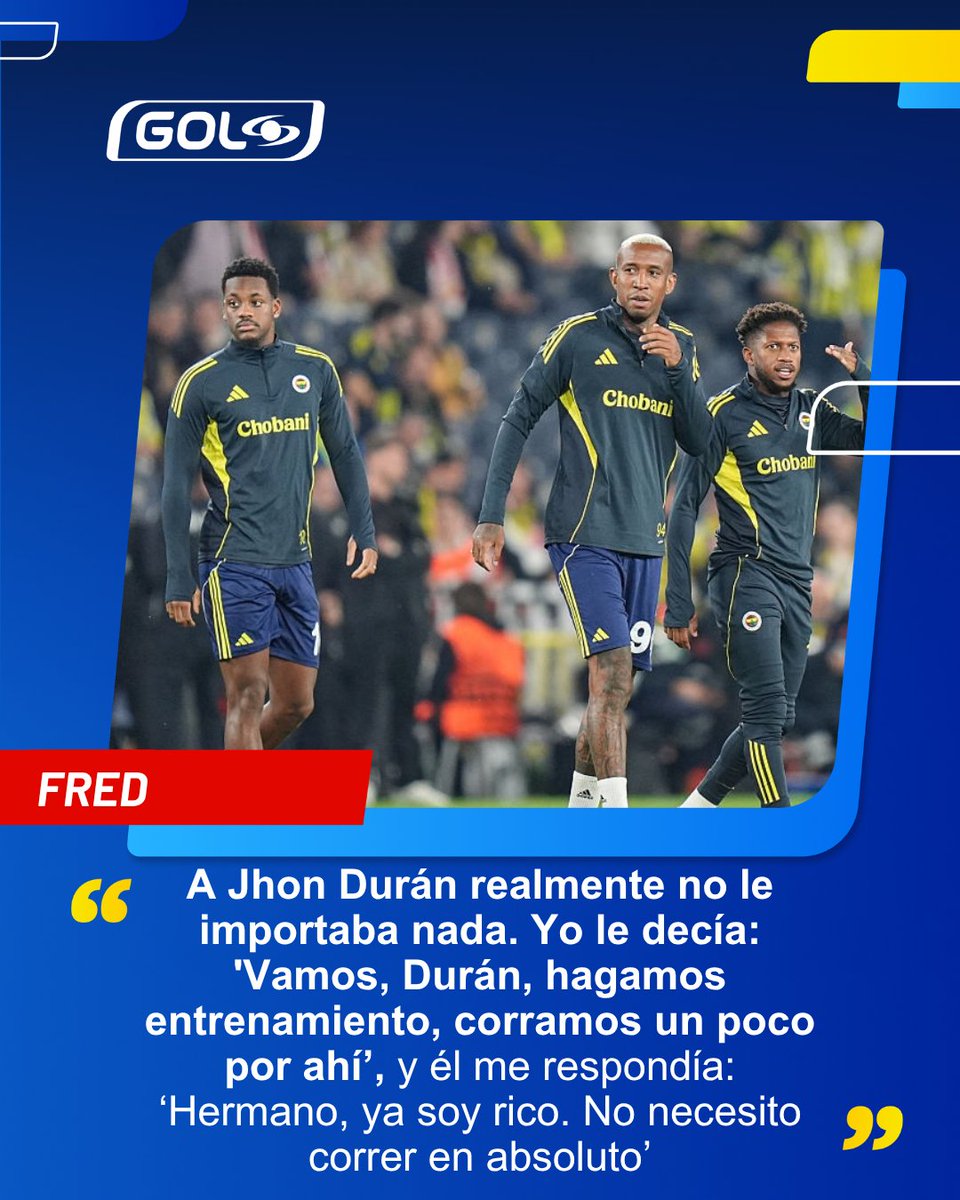GolCaracol's tweet photo. Fred, jugador brasileño que compartió con Jhon Durán en el Fenerbahce 🇹🇷, compartió una declaración que llamó la atención 😮 sobre el delantero colombiano 🇨🇴 #GolCaracol #SiempreFutbol ⚽🤩 https://t.co/nWZYuysOgl