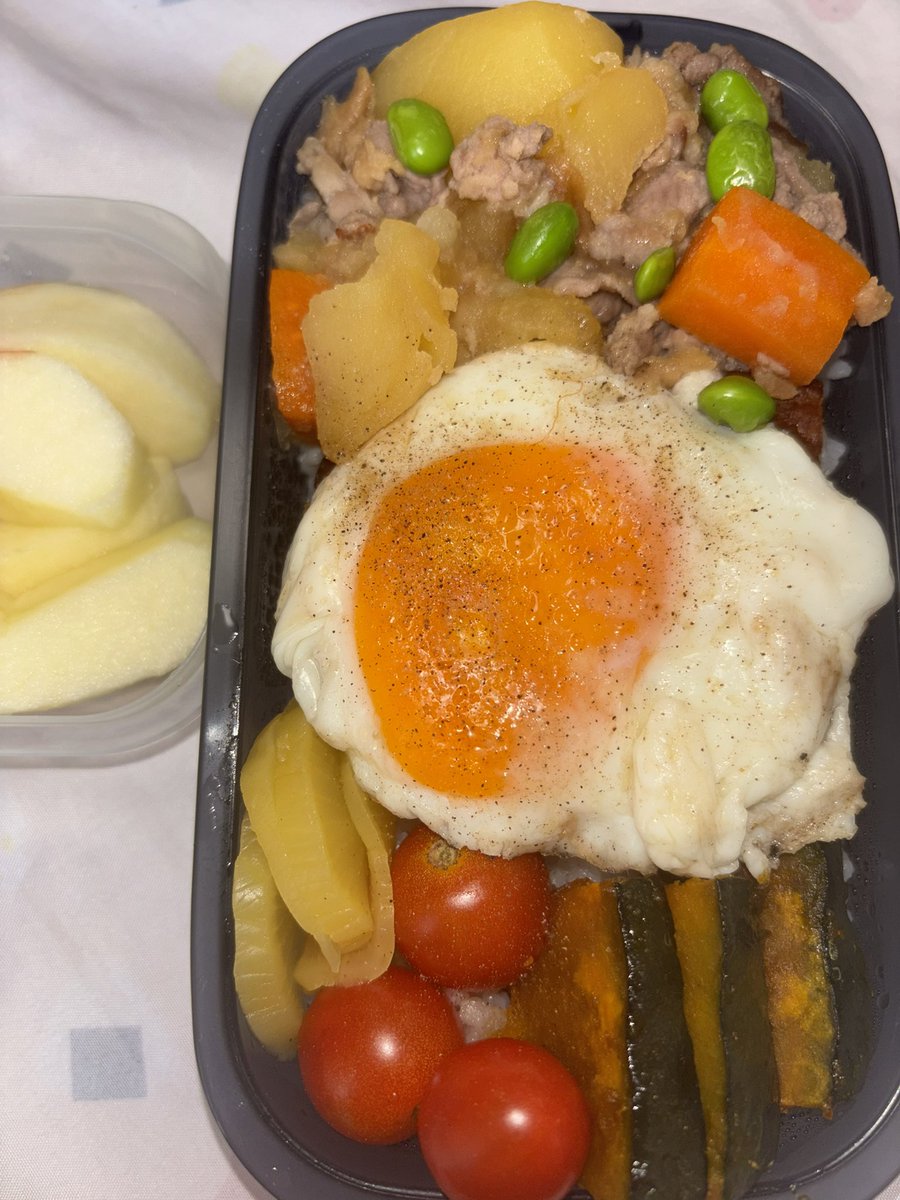 nyxqf447's tweet photo. #お弁当　マルシンハンバーグの上に目玉焼き。果物は、ニュージーランド産のリンゴ。ミニトマトは庭から。今週も予定が目白押し。頑張ります https://t.co/0Rll2BIcG8