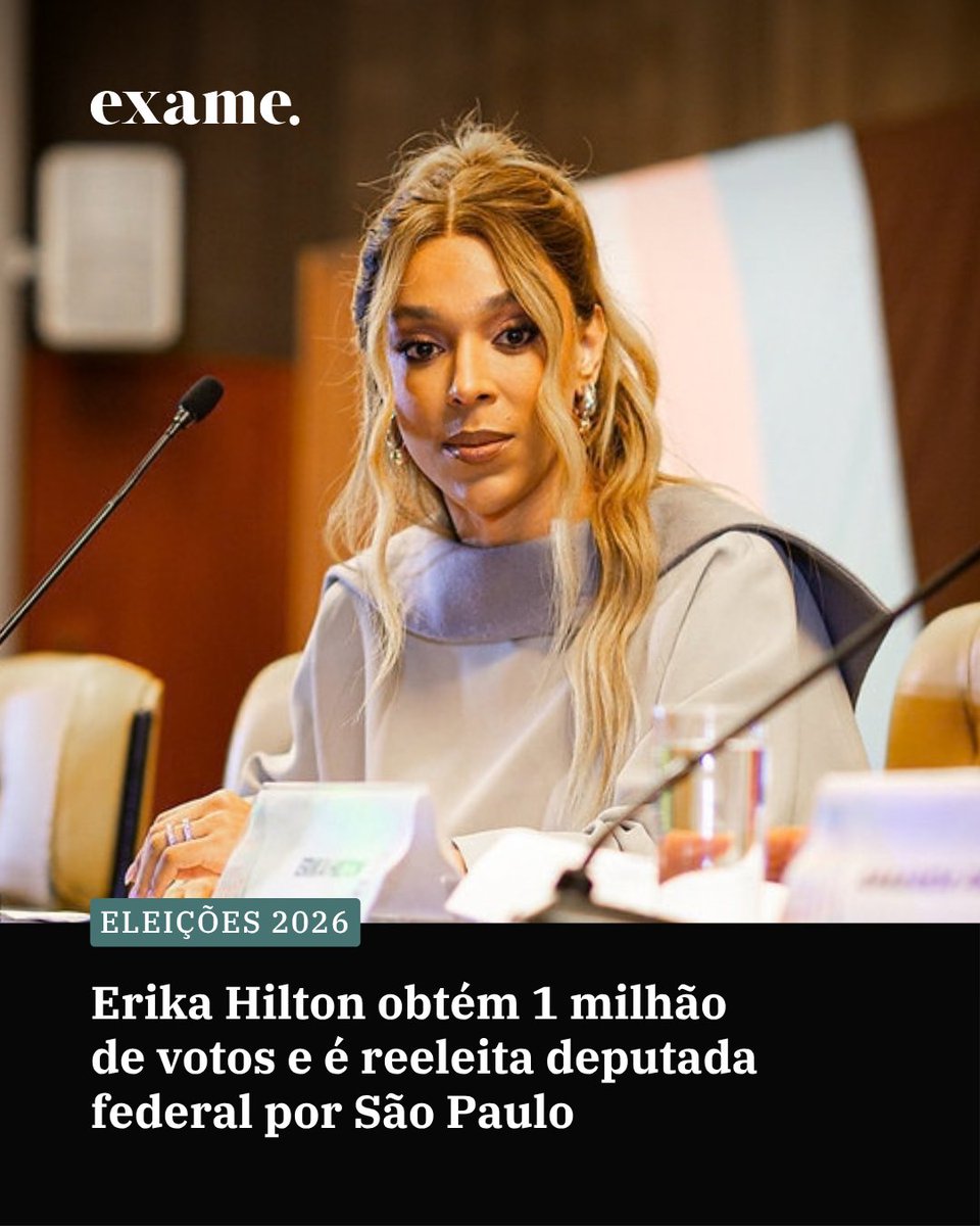 exame's tweet photo. A deputada federal Erika Hilton (PSOL-SP) garantiu a reeleição para a Câmara dos Deputados neste domingo, 4. Com 84% das urnas apuradas em São Paulo, a parlamentar soma 1.337.319 votos.

Para mais notícias como essa, siga a #EXAME. ⁣ https://t.co/Giq3pXxFyr