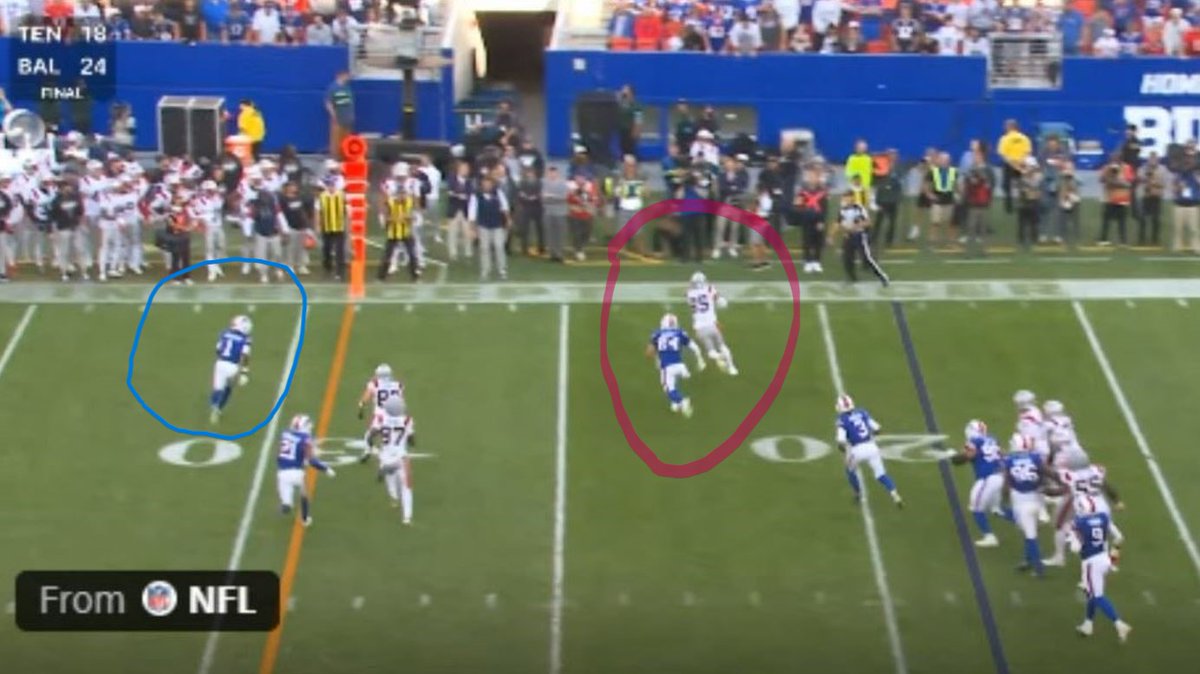 Billsfandiehard's tweet photo. The first still shows exactly where Maxwell Hairston &amp; Hunter Henry were positioned on the field at the point of Henry's catch.

The 2nd still shows Henry on his way to a first down, but Hairston barely moved at all.

Hairston ran a 4.28 at his 40.  He could've closed. https://t.co/d8gmEWi6ki