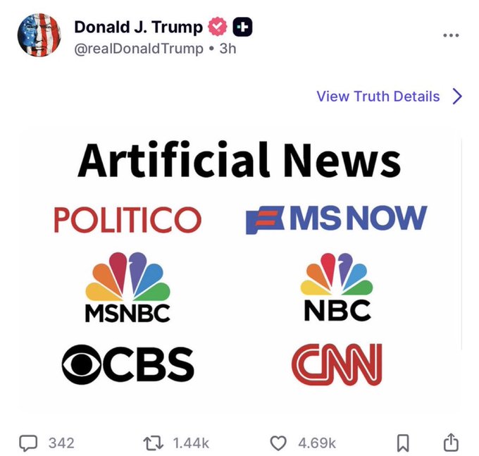 A screenshot of a post by Donald J. Trump (@realDonaldTrump) titled 'Artificial News' displaying logos of Politico, MS NOW, MSNBC, NBC, CBS, and CNN.